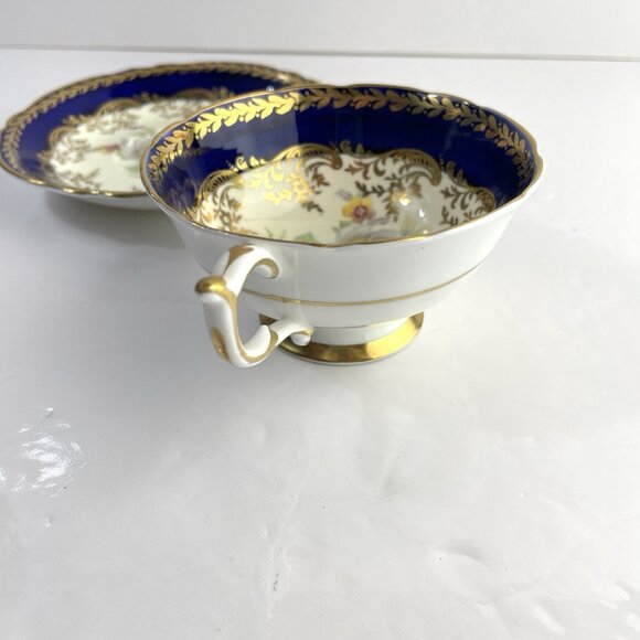 Paragon Teacup & Saucer Cobalt Navy Blue Gold Gilt Cabbage Rose Floral Bouquet - Picture 6 of 16